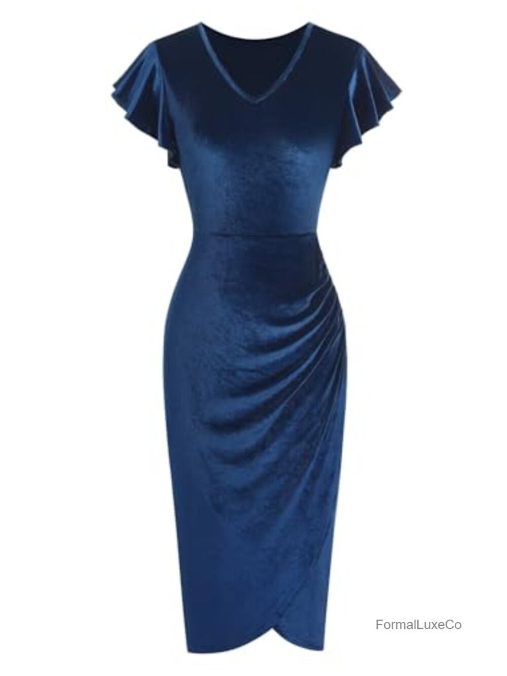 Women's Velvet Bodycon Cocktail Dress V Neck Ruffle Sleeve Ruched Midi